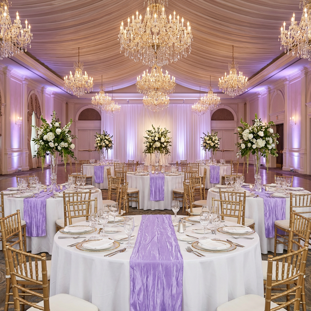 round wedding tables with the Accordion Crinkle Taffeta Table Runner Lavender on top white tablecloths and paired with gold chiavari chairs