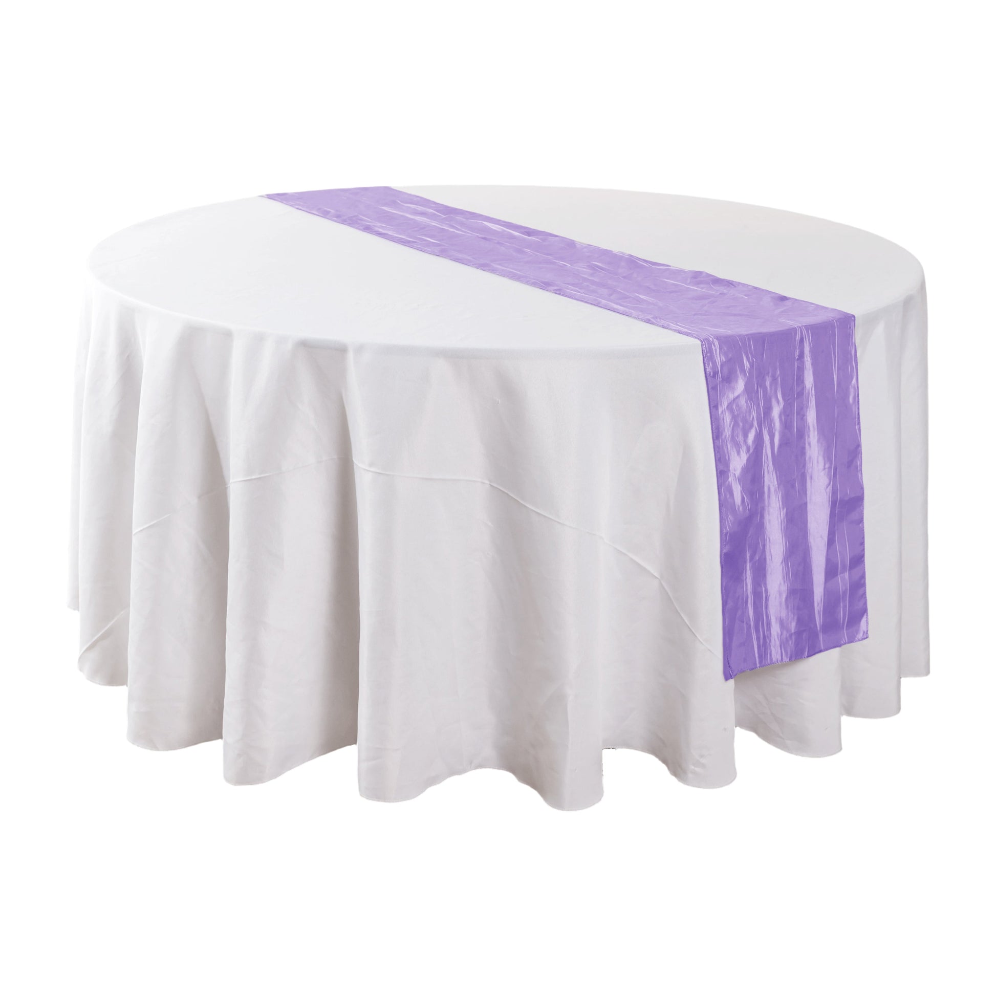 Accordion Crinkle Taffeta Table Runner Lavender on top a white round tablecloth