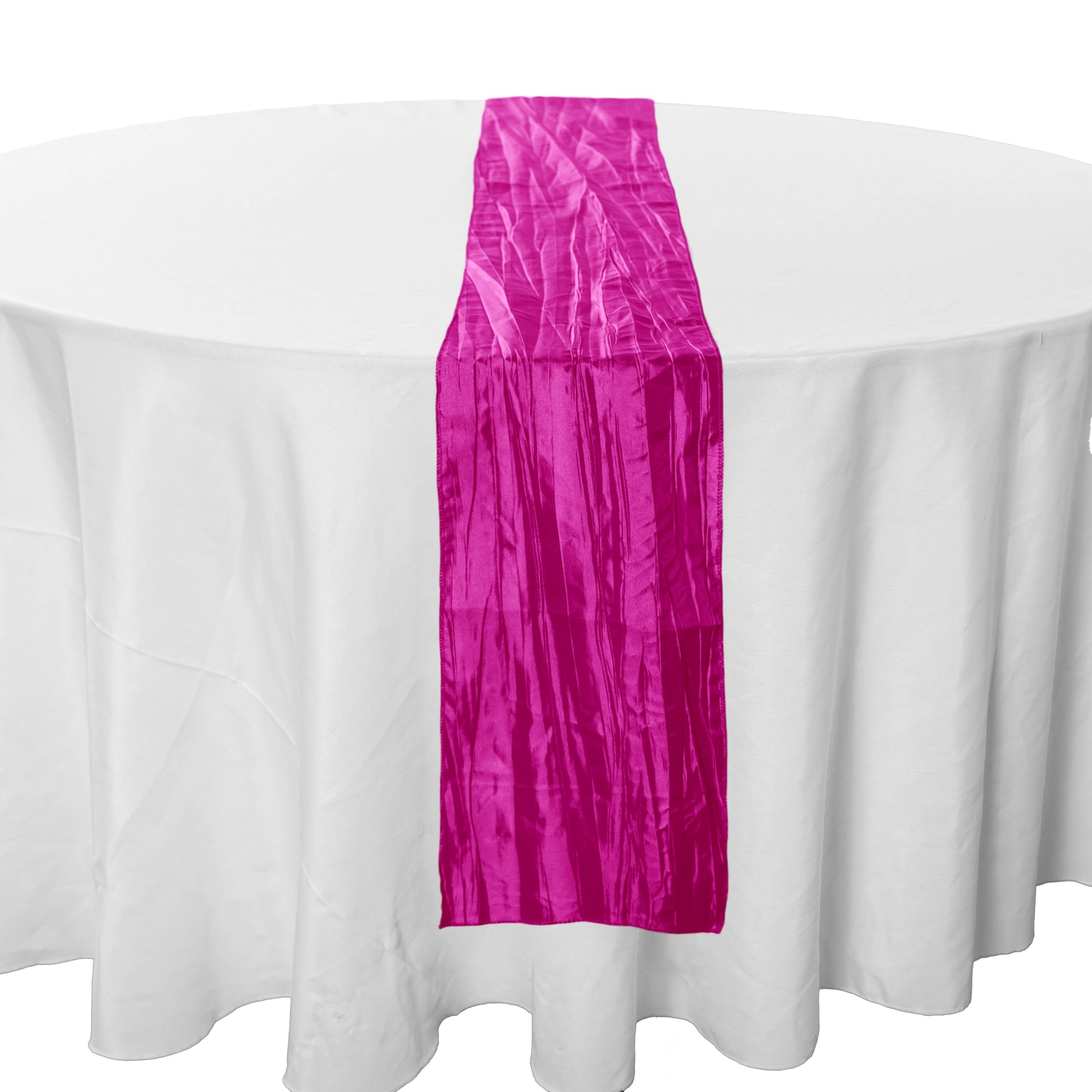 Accordion Crinkle Taffeta Table Runner Fuchsia over hang on a round table