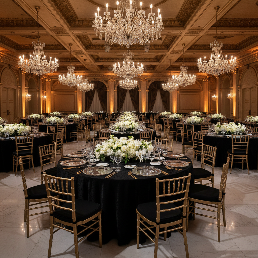 corporate anniversary setup with Acrylic Beaded 13" Round Charger Plate - Black Trim