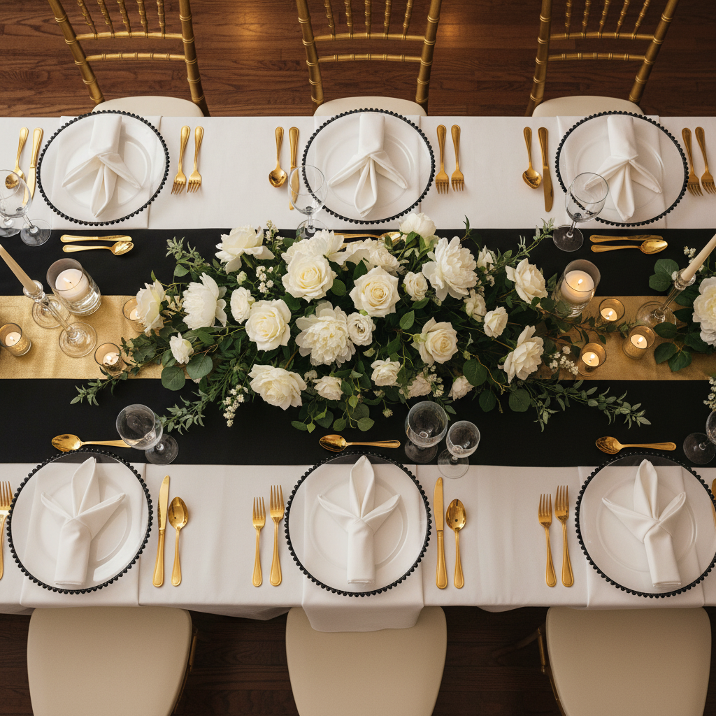 top view wedding table setup with Acrylic Beaded 13" Round Charger Plate - Black Trim