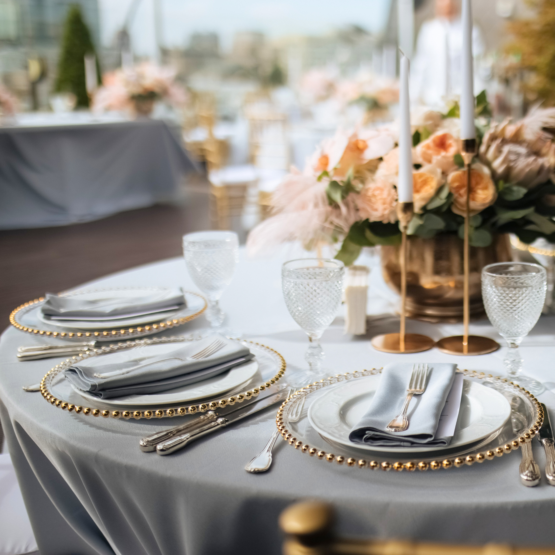 detail table setup with Acrylic Beaded 13" Round Charger Plate - Gold Trim
