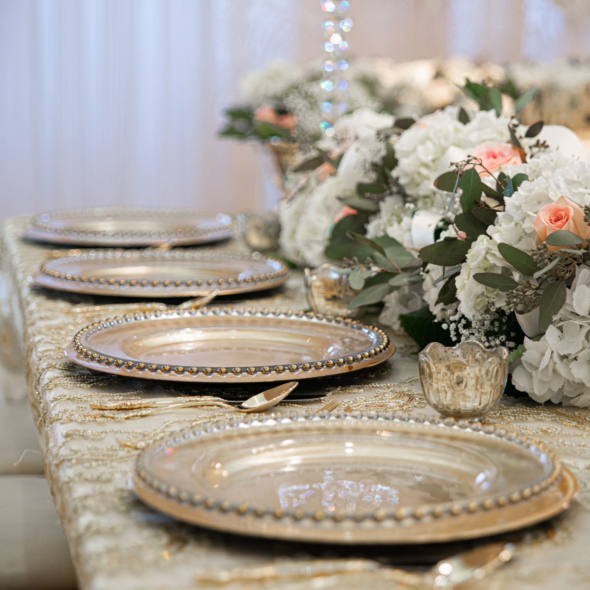 elegant table setup with Acrylic Beaded 13" Round Charger Plate - Gold Trim