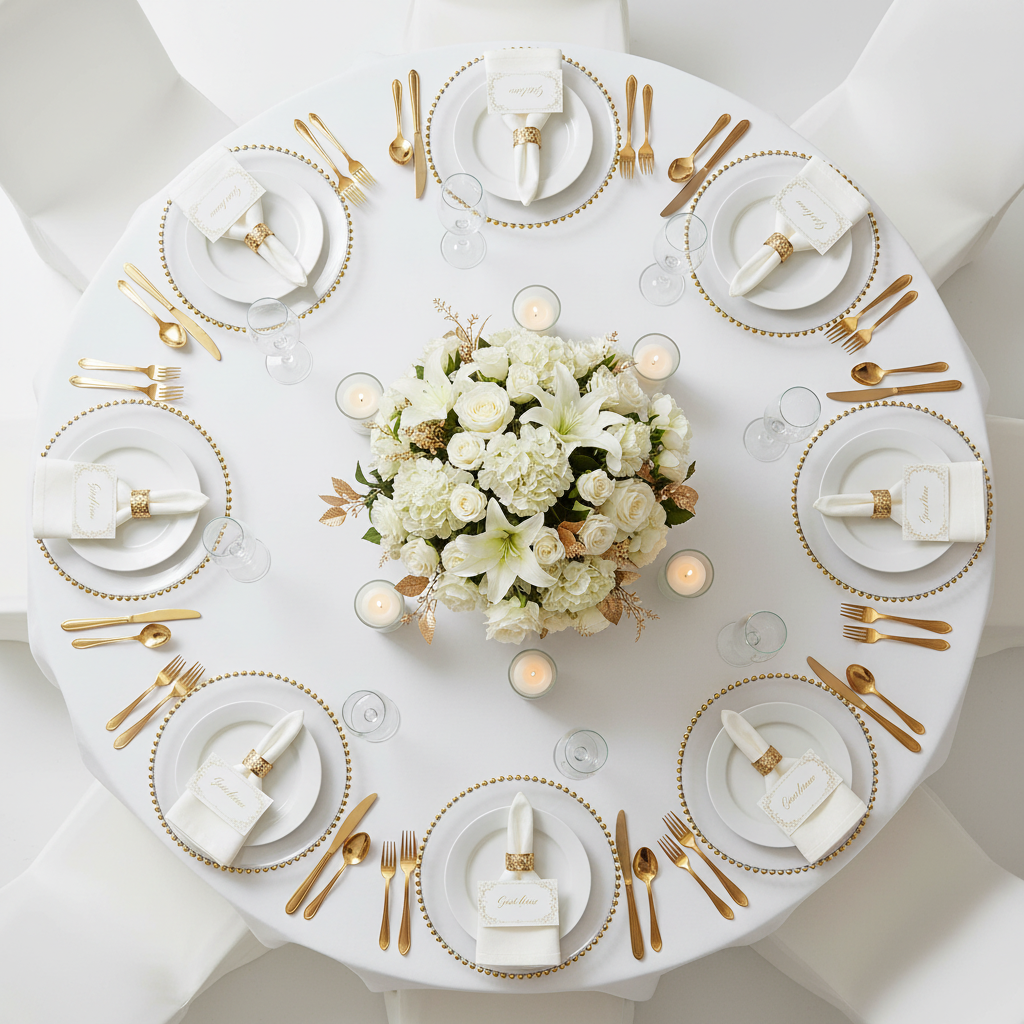 top view table mock up for wedding with Acrylic Beaded 13" Round Charger Plate - Gold Trim