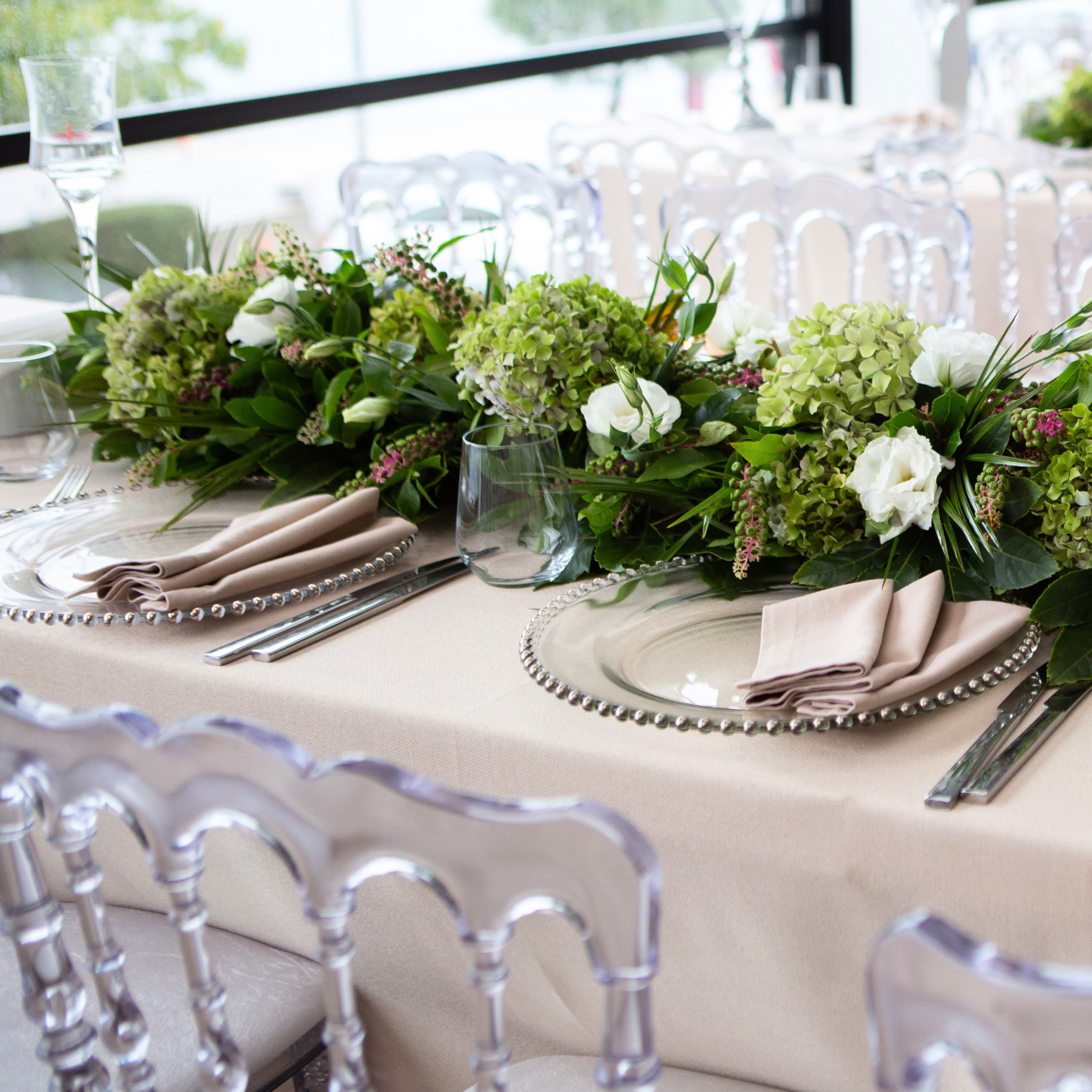 elegant table setup with Acrylic Beaded 13" Round Charger Plate - Silver Trim