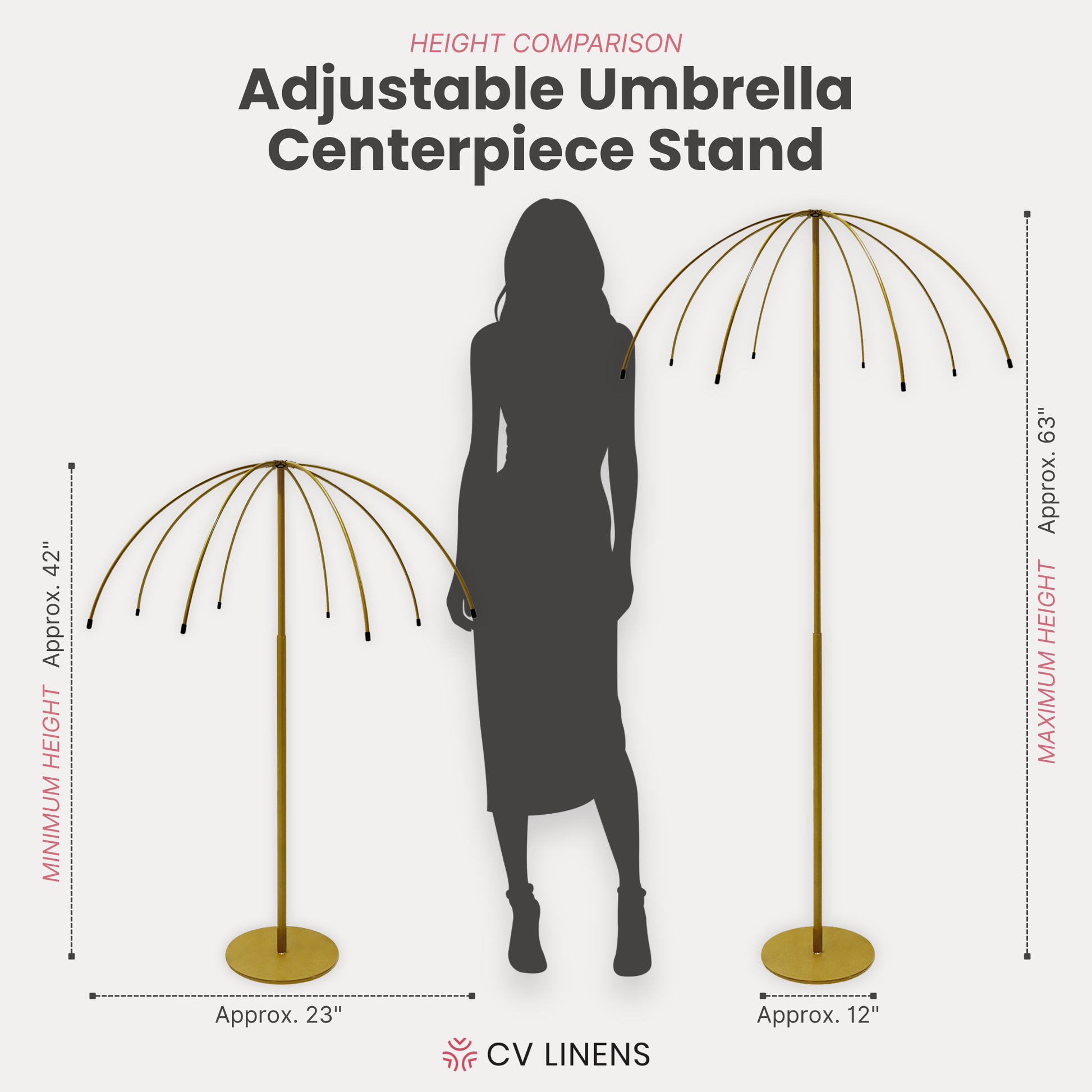 Adjustable Umbrella Centerpiece Stand with White Cover infographic showing the stand without the spandex cover and a person next to the stand collapsed and extended to the full height