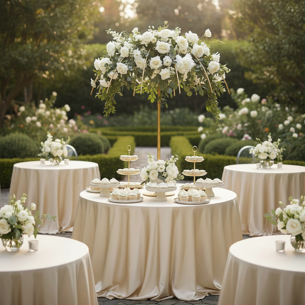 Garden Event with the Adjustable Umbrella Centerpiece Stand without the white cover and decorated with rose floral and greenery