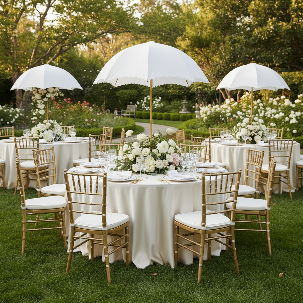 Garden brunch with the Adjustable Umbrella Centerpiece Stand White Cover with floral around the base on top of a premium satin (wrinkle-resistant) ivory round tablecloth