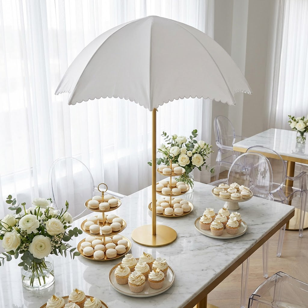 Adjustable Umbrella Centerpiece Stand with White Cover on a dessert table 