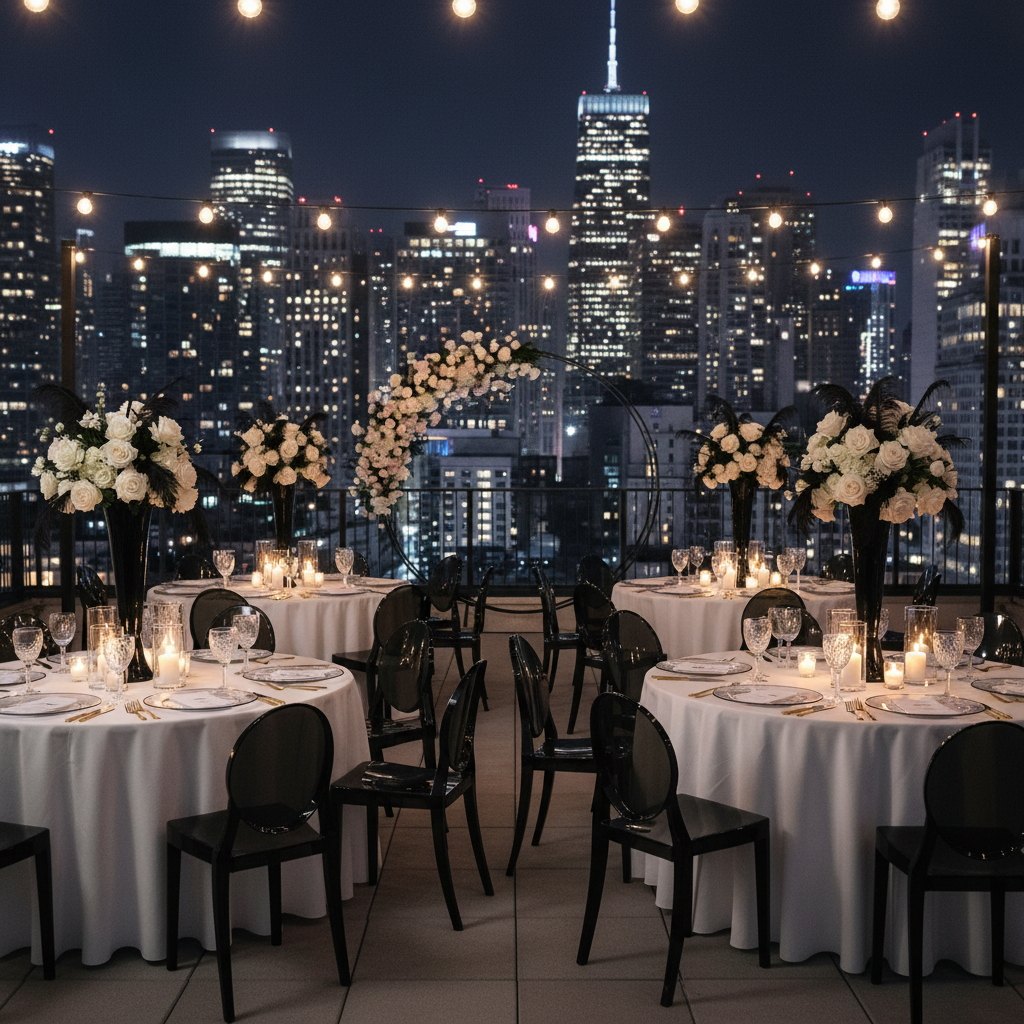 roof top dinner setup with Alpine Acrylic Charger Plate - Black trim