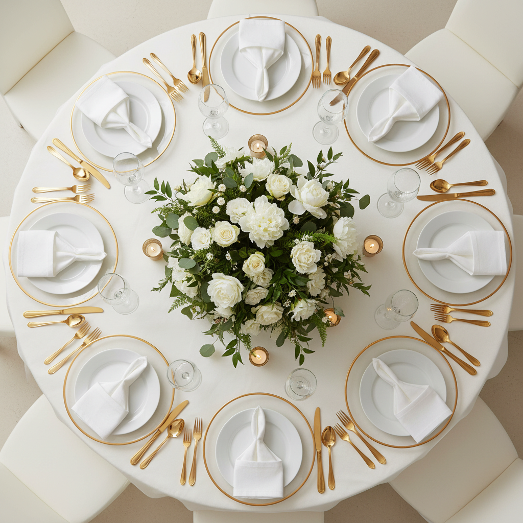 top view table setup with Alpine Acrylic Charger Plate - Gold trim