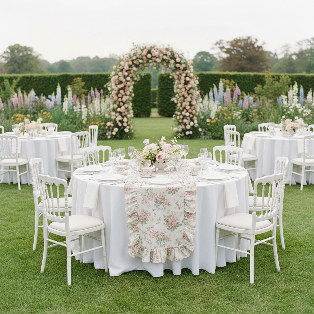 english garden party setup with Alpine Acrylic Charger Plate - Silver Trim