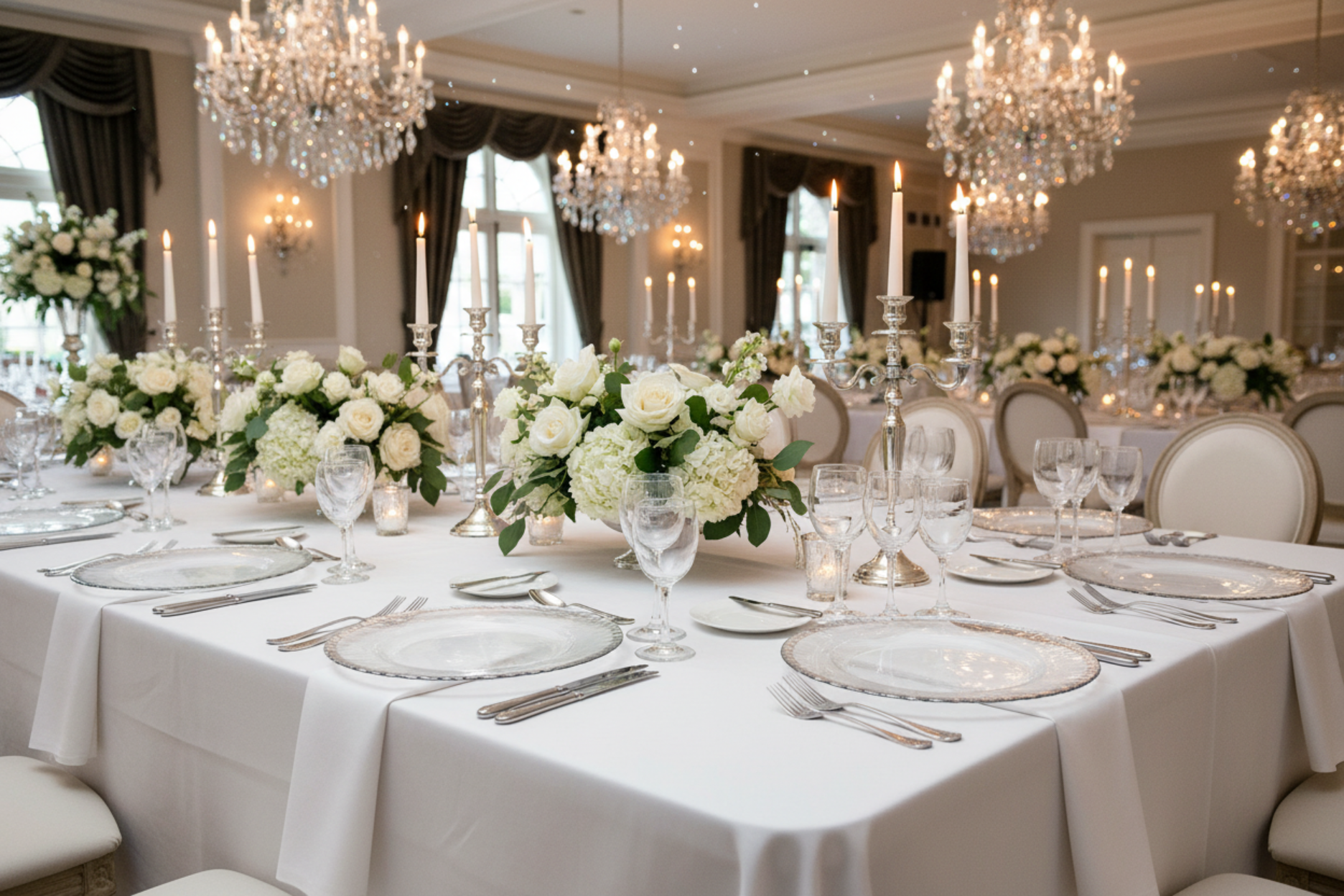 wedding reception with Alpine Glass Charger Plate - Silver trim