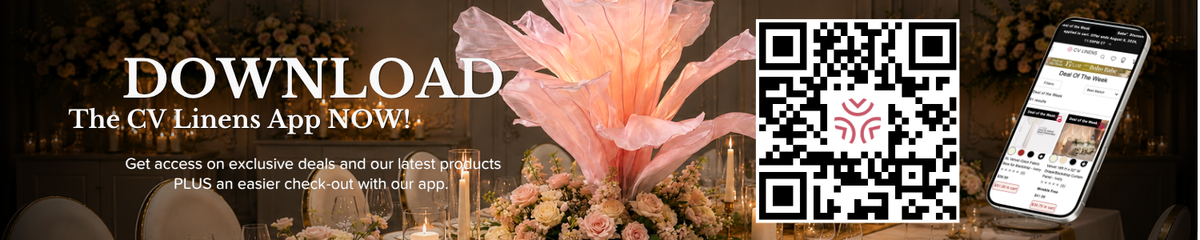 Dark wedding banner with large white DOWNLOAD text for The CV Linens App, featuring a QR code and a smartphone showing app.