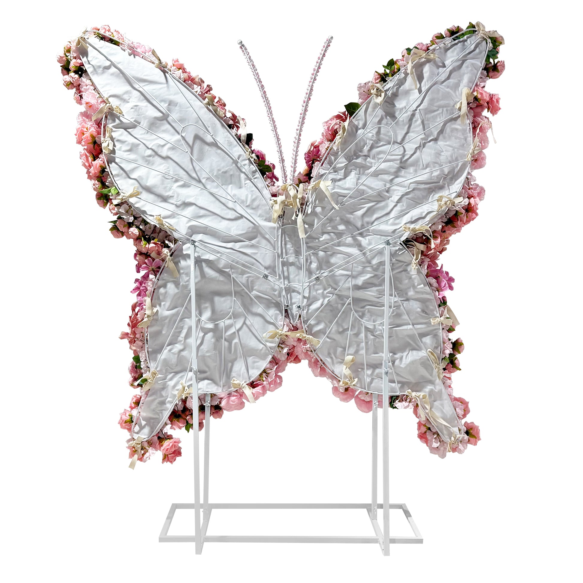 Artificial 3D Floral for Butterfly Backdrop Stand Pink back view showing the canvas backing and the ties to fasten onto CV Linens - Butterfly Shape Backdrop Stand
