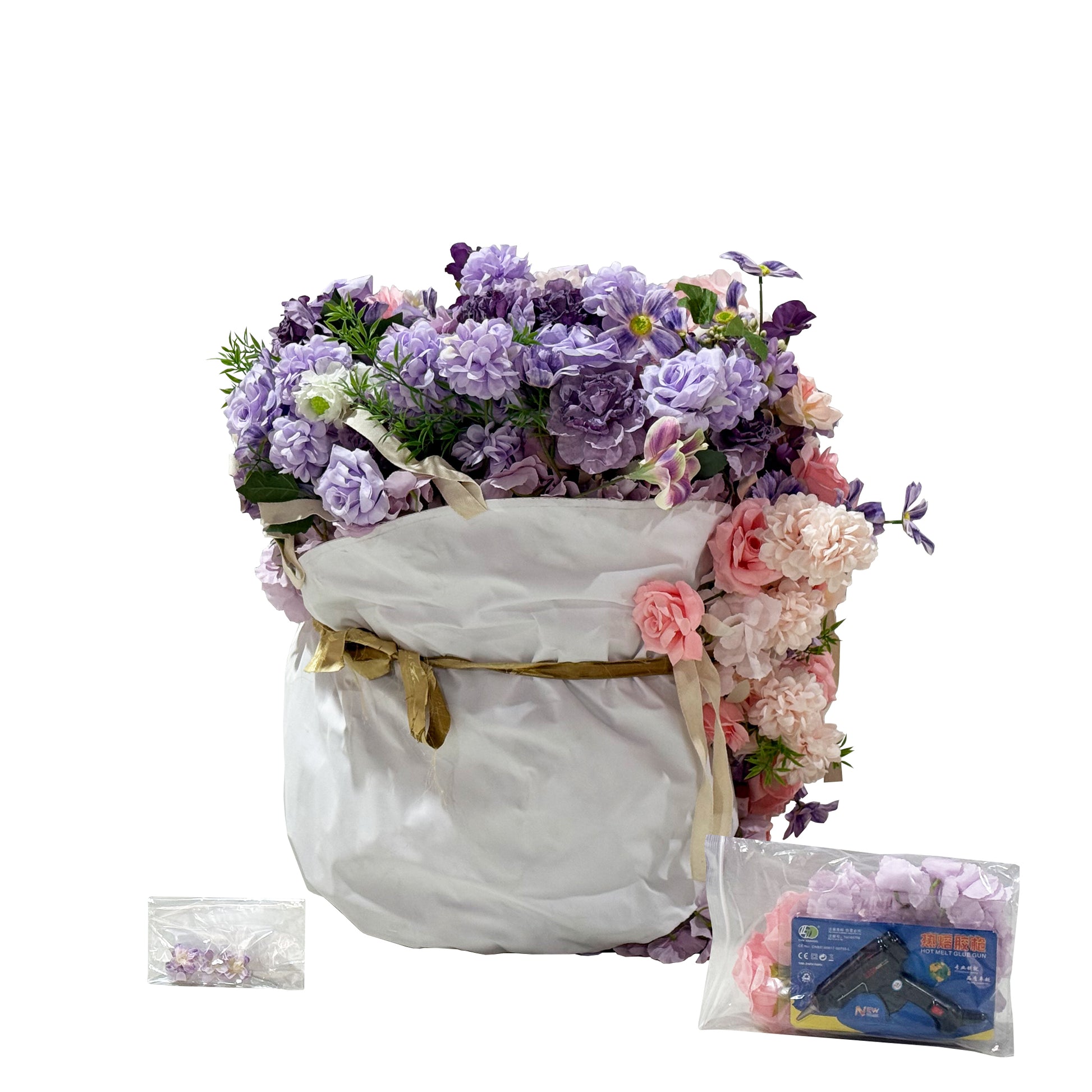 Artificial 3D Floral for Butterfly Backdrop Stand Lavender/Pink rolled up along with the extra florals and glue gun