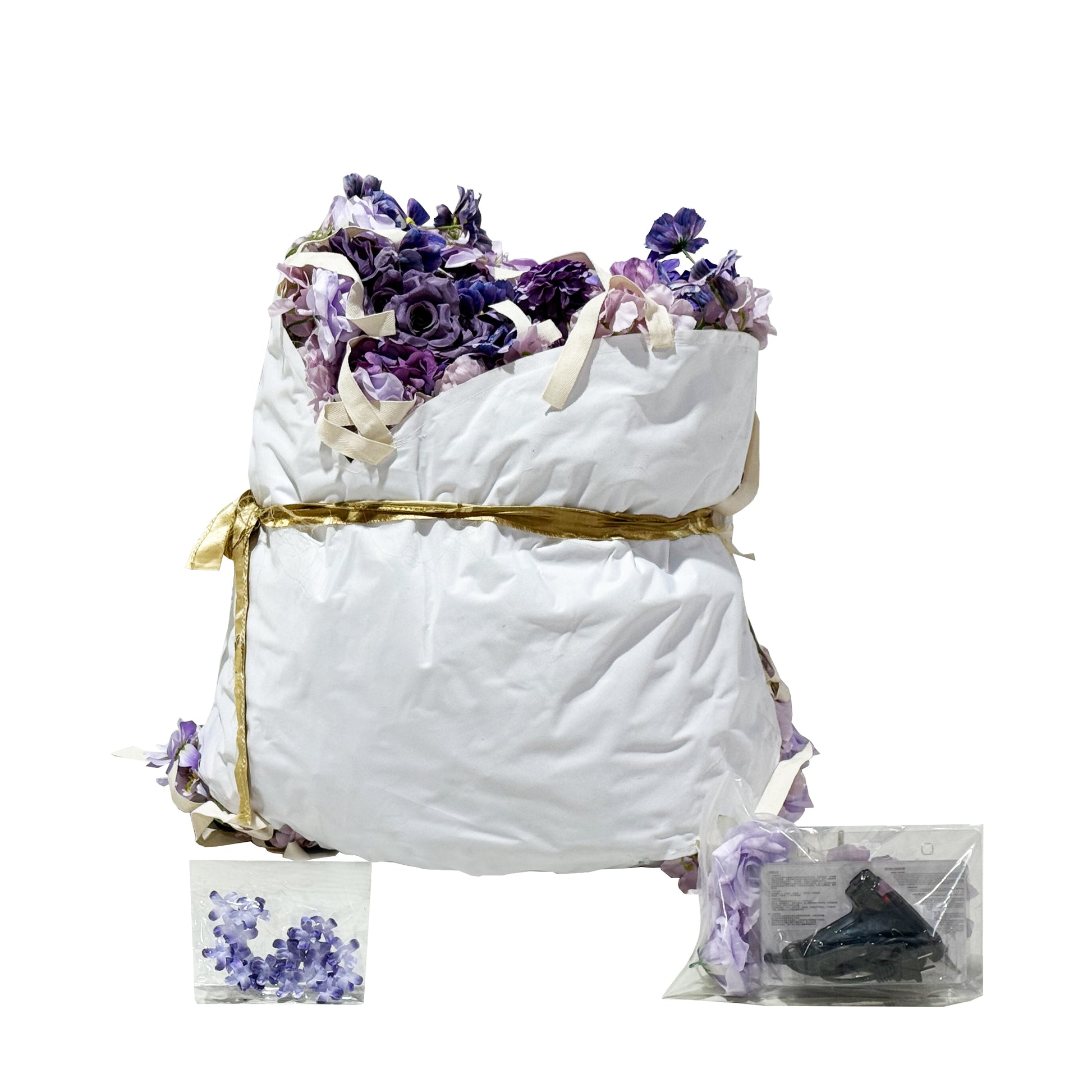 Artificial 3D Floral for Butterfly Backdrop Stand Purple rolled up along with the extra florals and glue gun