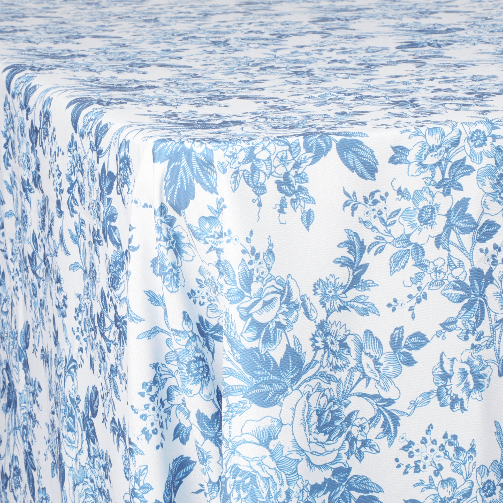 Baby Blue French Toile Print Rectangular Tablecloth 108"x156" close up 