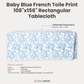 Baby Blue French Toile Print Rectangular Tablecloth 108"x156" infographic showing product dimesions and care instructions: machine washable and dryable, no bleach