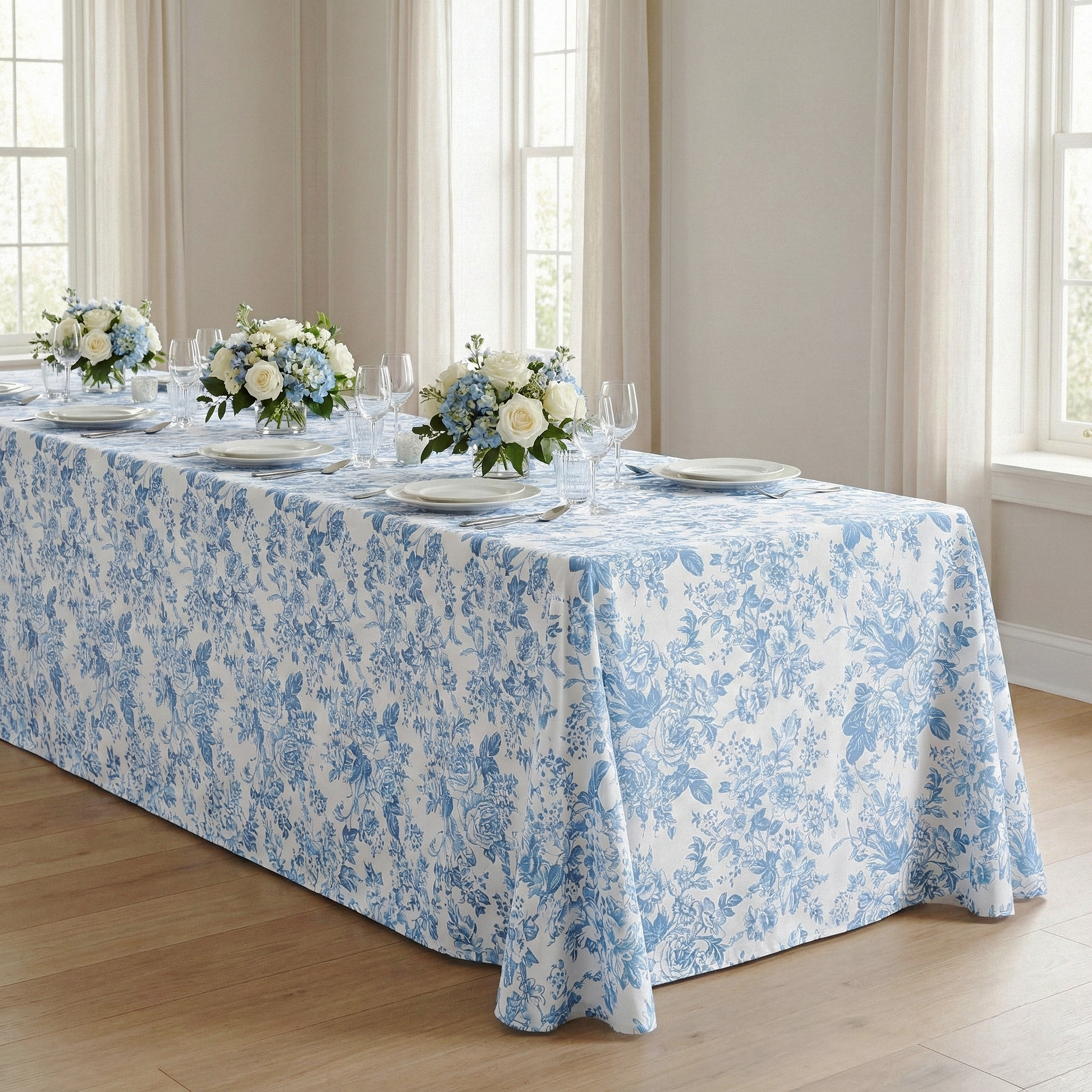 Baby Blue French Toile Print Rectangular Tablecloth 108"x156" - CV Linens