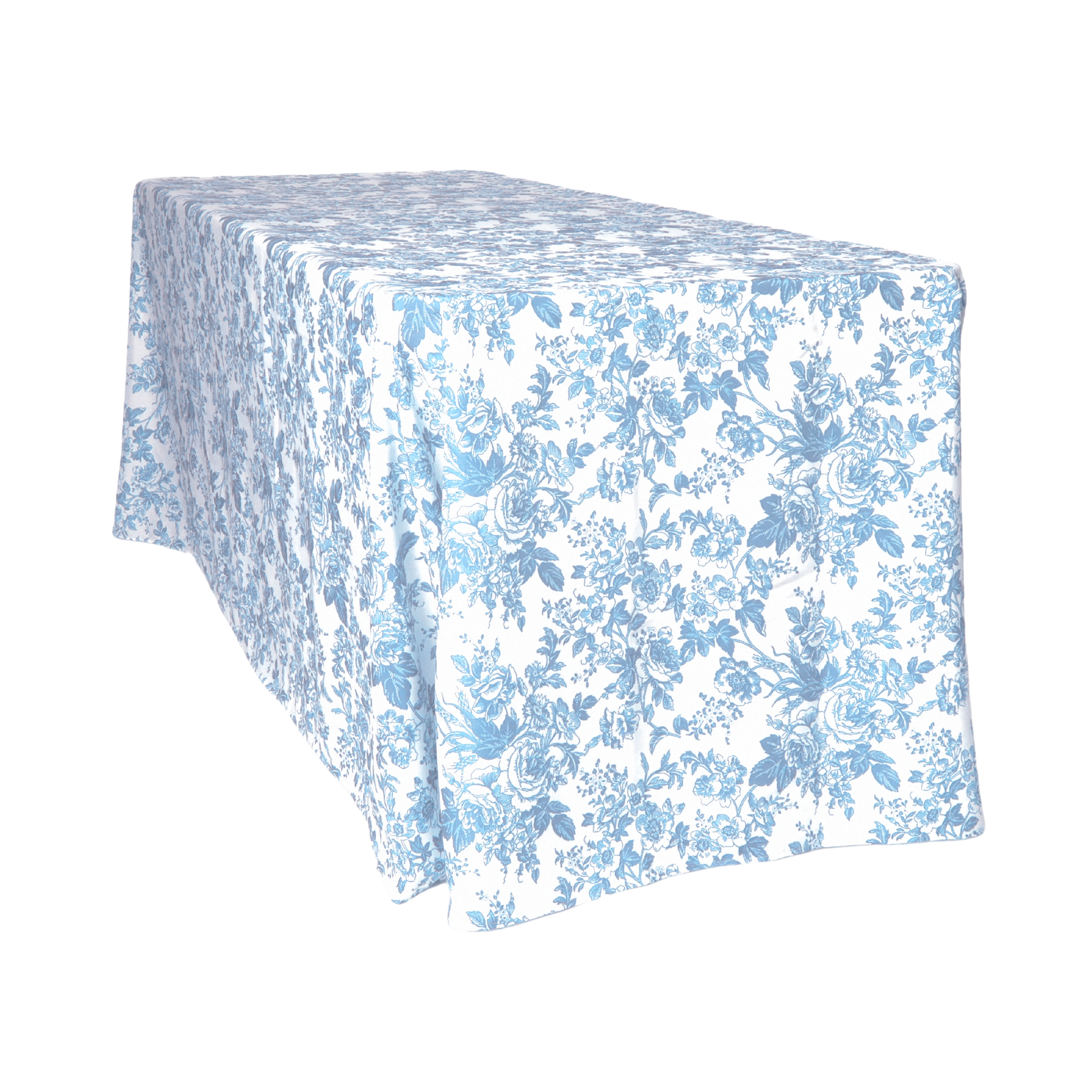 Baby Blue French Toile Print Rectangular Tablecloth 108"x156" angled view