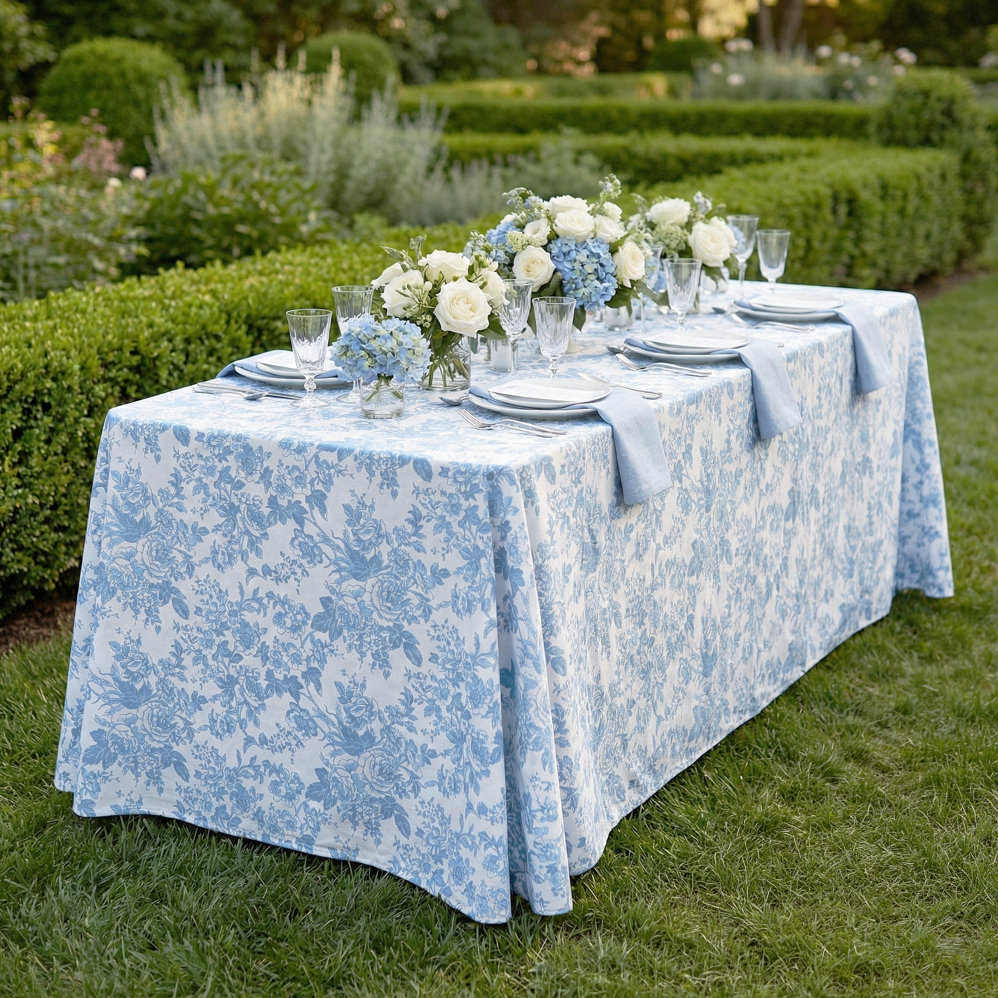 outdoor setting using the Baby Blue French Toile Print Rectangular Tablecloth 108"x156" and baby blue polyester napkins 