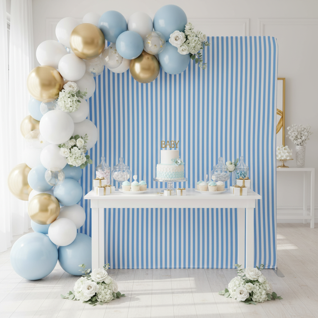 8ft x 8ft Striped Spandex Slip-on Backdrop Cover Baby Blue for Baby Shower with Balloon Garland in front of a dessert table