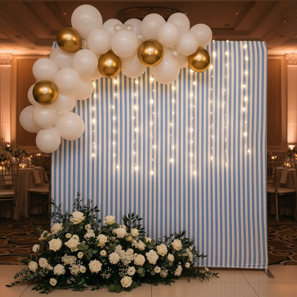 8ft x 8ft Striped Spandex Slip-on Backdrop Cover with balloons and flower arrangement