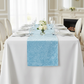 Velvet Table Runner Baby Blue on a white rectangular tablecloth with water goblets and white dinner plates