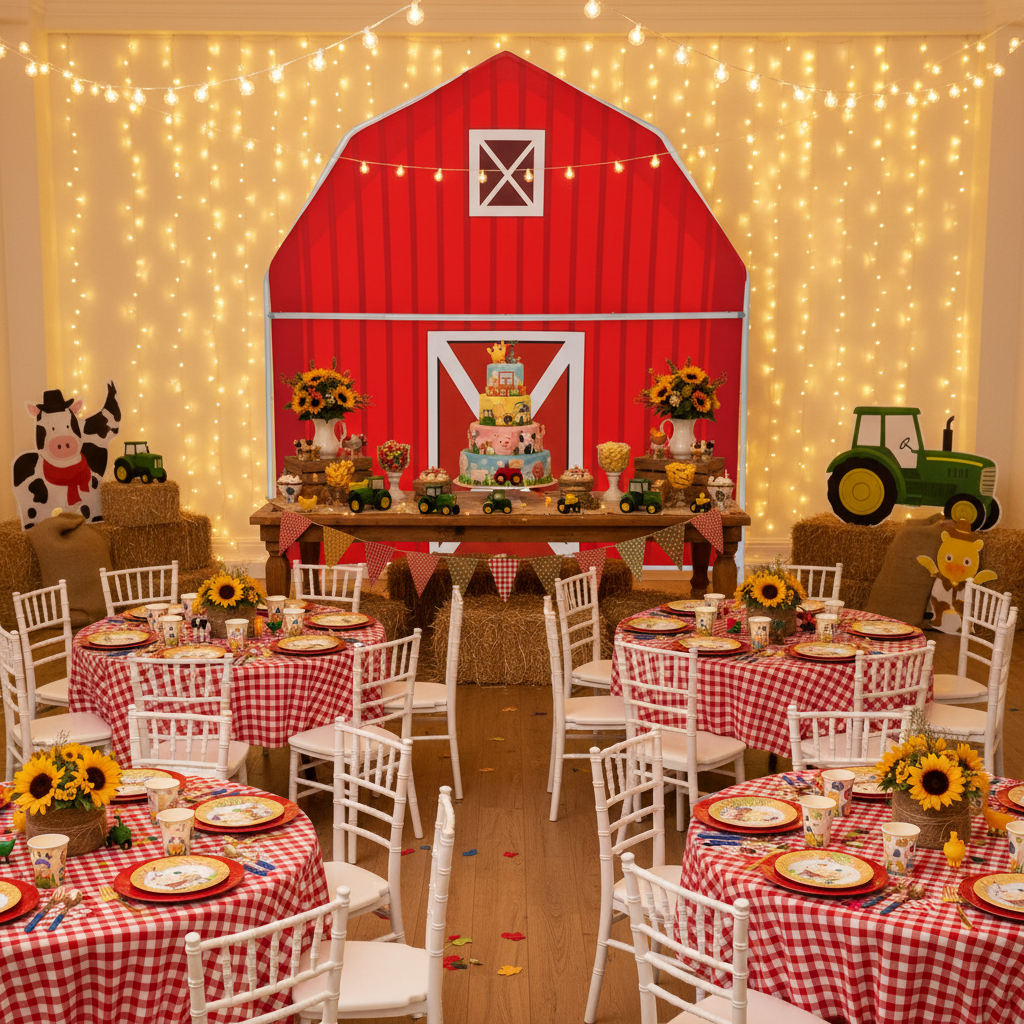 farm themed birthday celebration with Barn Farm Backdrop Stand - Silver