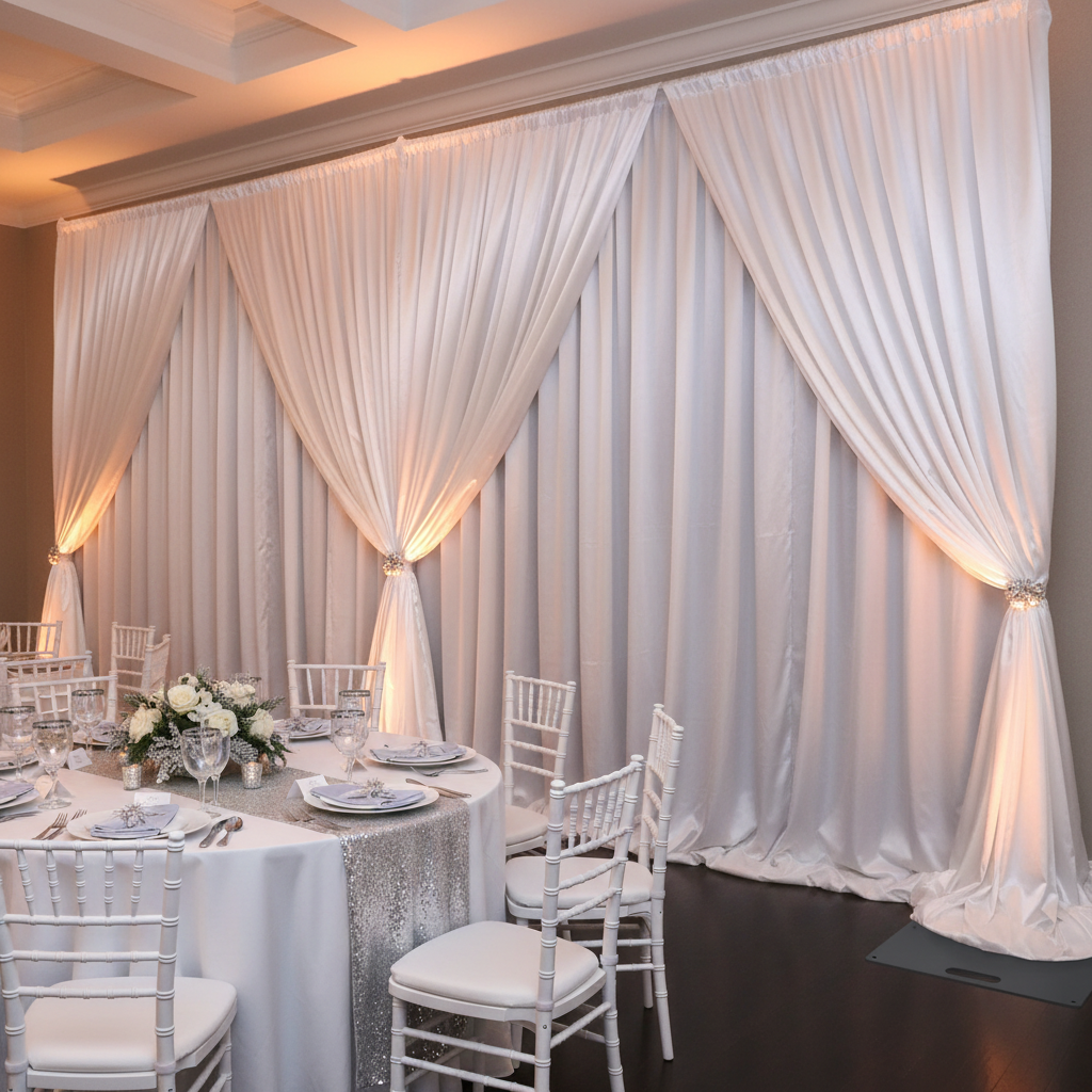 Base stand 24" x 24" x 3/8" for slip fit system(Fits set C) - Black on setup with poly premier white drapes for winter gala