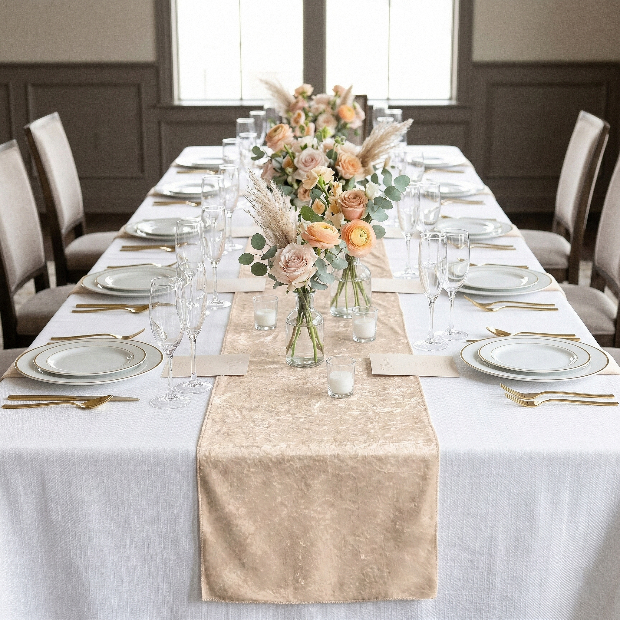 Velvet Table Runner Beige - Dinner Table Setting