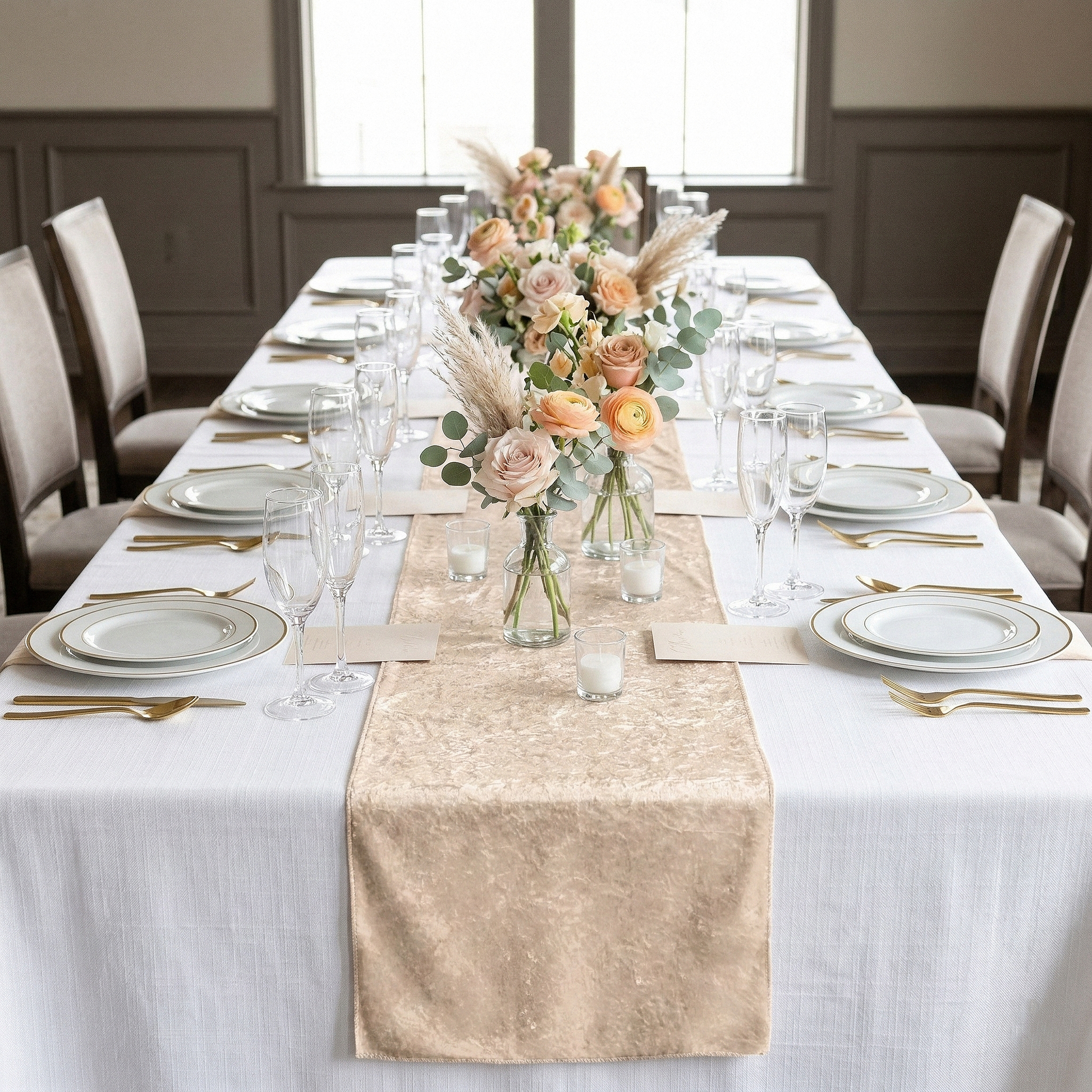 Velvet Table Runner Beige - Dinner Table Setting