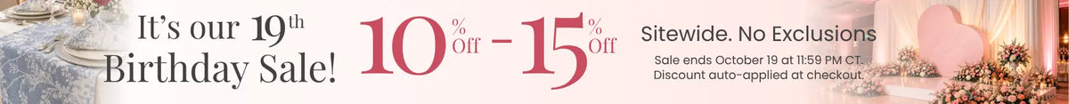 Birthday Sale banner with pink-beige gradient and floral accents, announces 10-15% off sitewide.