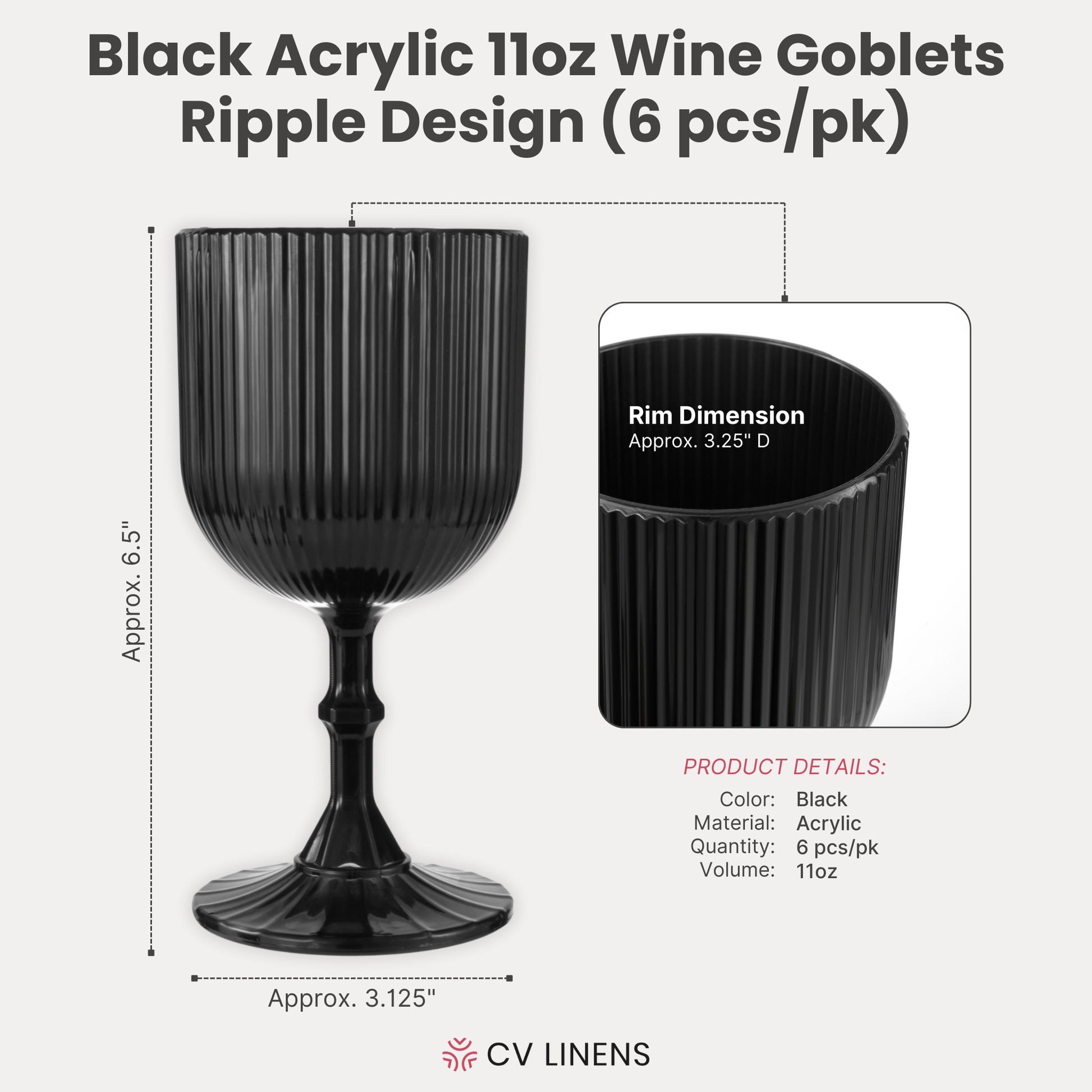 Black Acrylic 11oz Wine Goblets Ripple Design (6 pcs/pk) infographic showing the dimensions