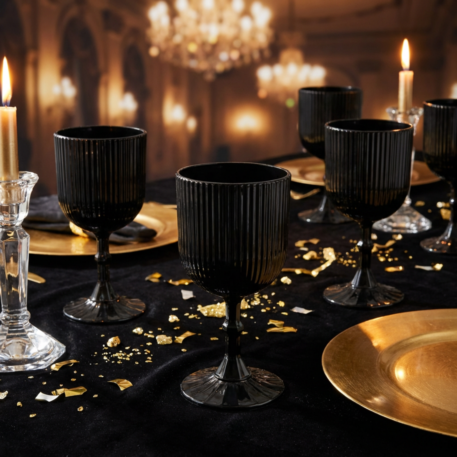 Gold and Black dinner setting with Black Acrylic 11oz Wine Goblets Ripple Design (6 pcs/pk) gold charger plates, gold tapered candles on top a black velvet tablecloth
