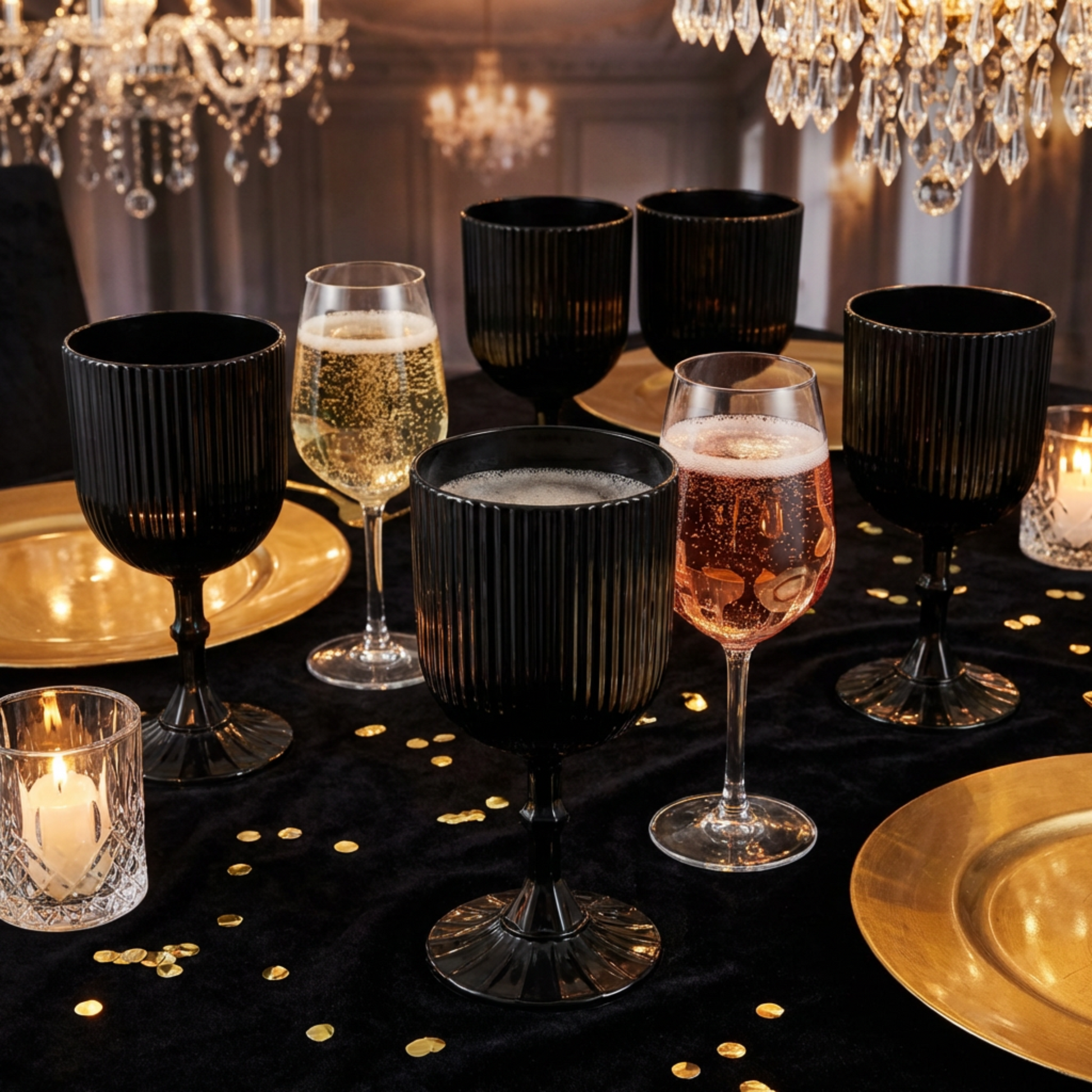 Gold and Black dinner setting with Black Acrylic 11oz Wine Goblets Ripple Design (6 pcs/pk) gold charger plates, gold confetti on top a black velvet tablecloth