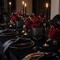 Black theme wedding table setting with Black Acrylic 11oz Wine Goblets Ripple Design (6 pcs/pk) gold charger plates, black tapered candles with gold candle holders, black napkins and red roses on top a black velvet tablecloth