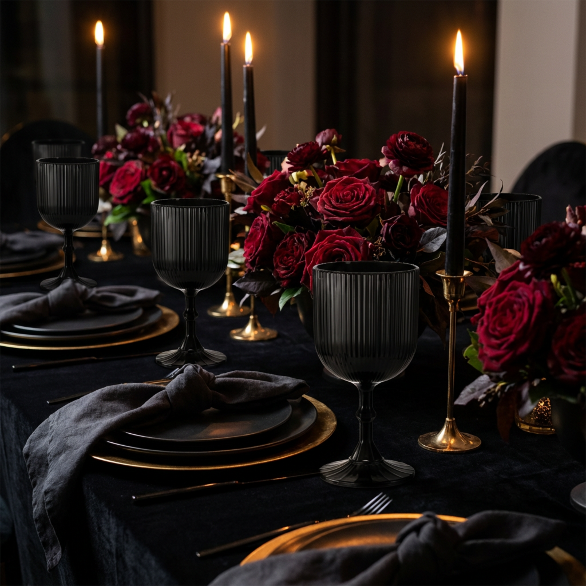 Black theme wedding table setting with Black Acrylic 11oz Wine Goblets Ripple Design (6 pcs/pk) gold charger plates, black tapered candles with gold candle holders, black napkins and red roses on top a black velvet tablecloth