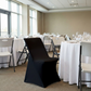 Contemporary LIFETIME Spandex folding chair Cover Black showing on the square edge contemporary chair around a round tablecloth