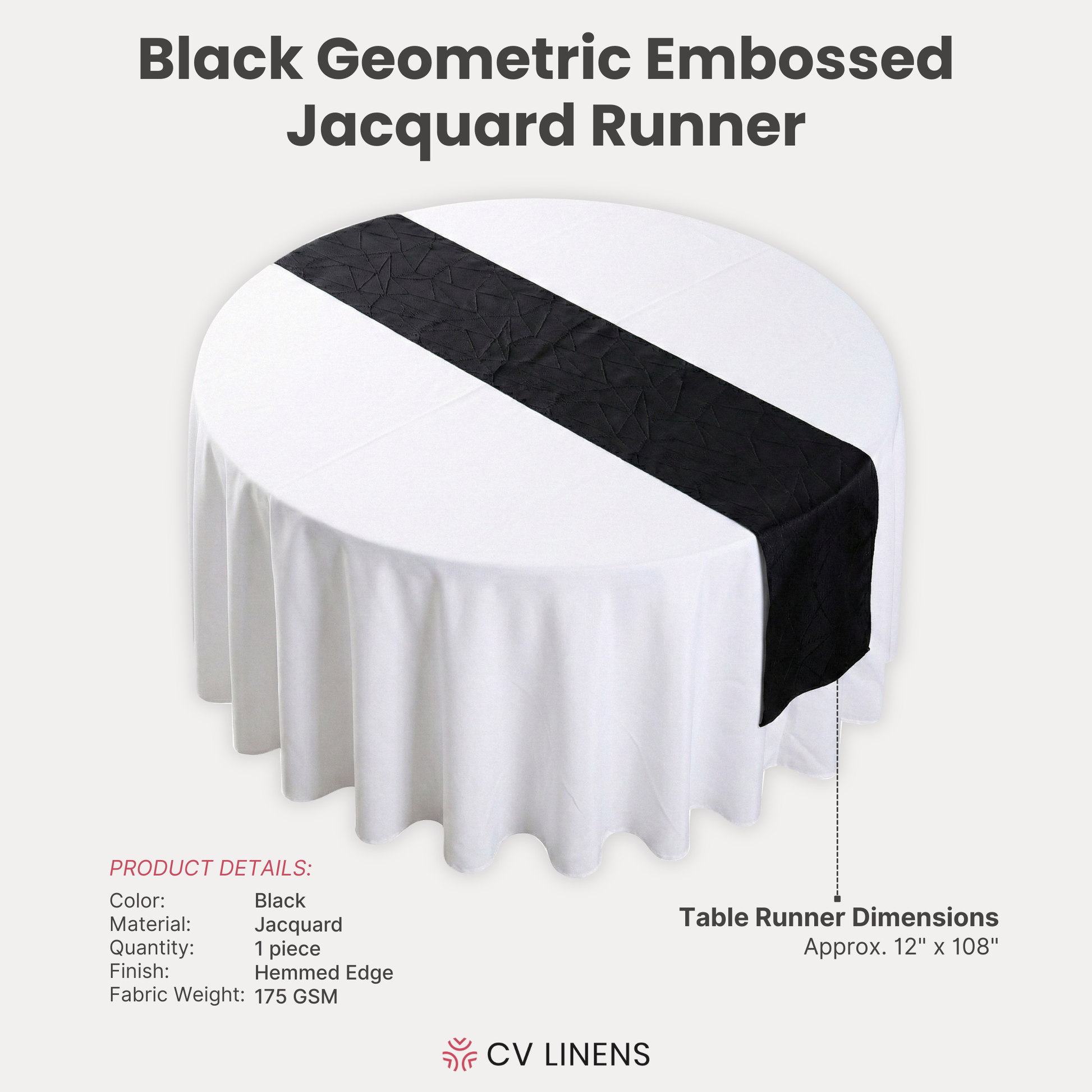 Embossed Geometric Jacquard Table Runner Black infographic showing product details