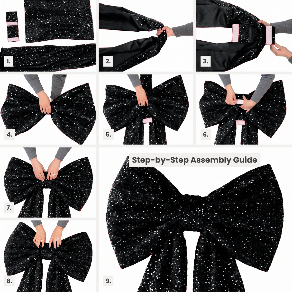 Sequin Velvet Giant Fabric Bow for Backdrop Black assembly steps