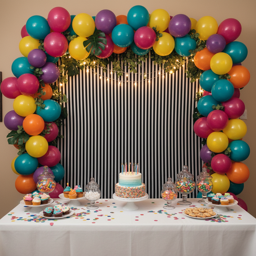 8ft x 8ft Striped Spandex Slip-on Backdrop Cover Black - 
Birthday Dessert Table
