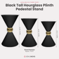 graphic showing the Black Tall Hourglass Plinth Pedestal Stand is available in three sizes 