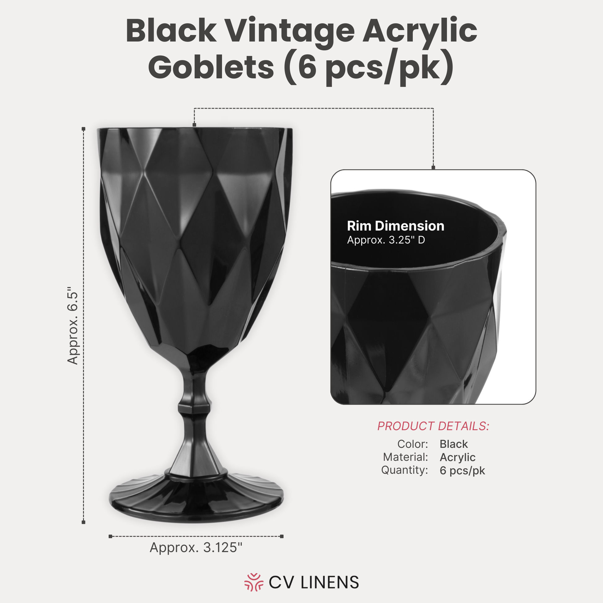 infographic showing dimensions of the Black Vintage Acrylic Goblets (6 pcs/pk) 