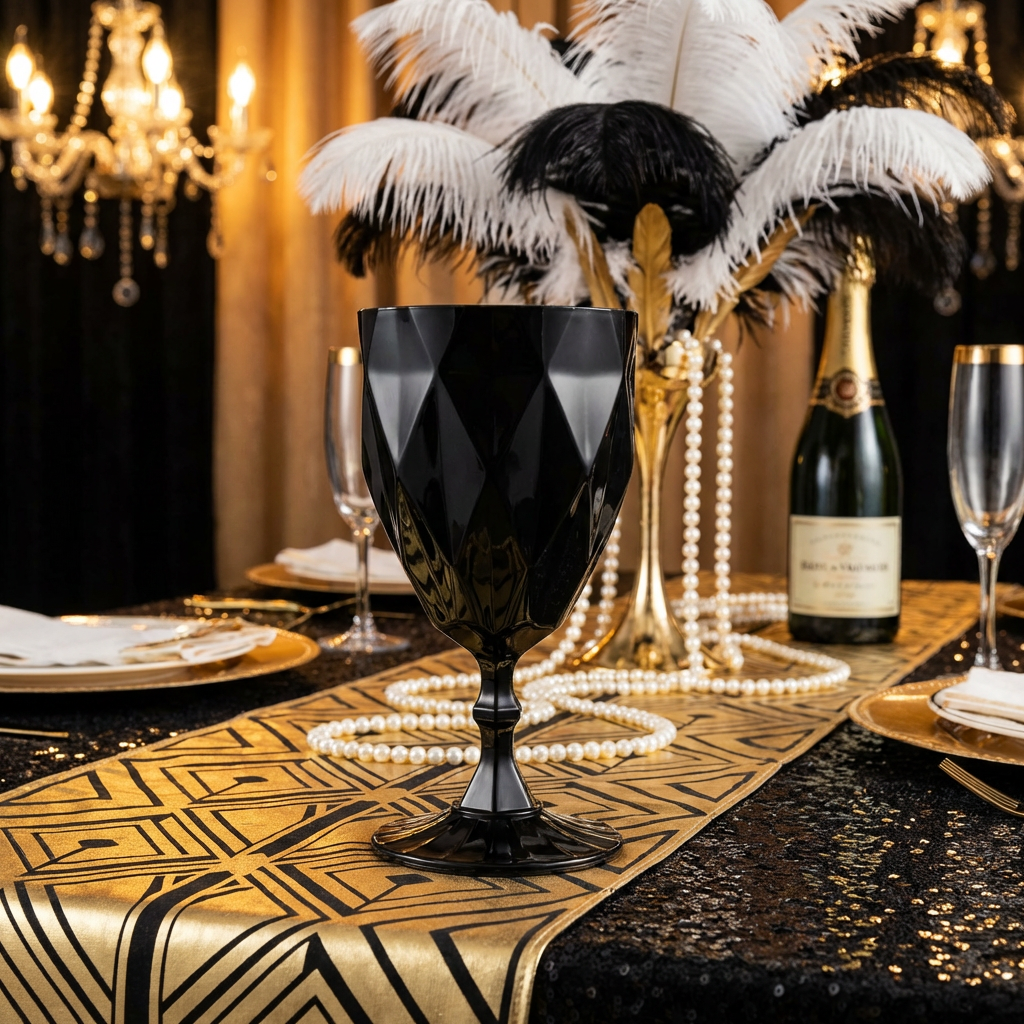 Gold and Black dinner setting with Black Vintage Acrylic Goblets (6 pcs/pk) gold charger plates, gold geometric table runner on top a black sequin glitz tablecloth