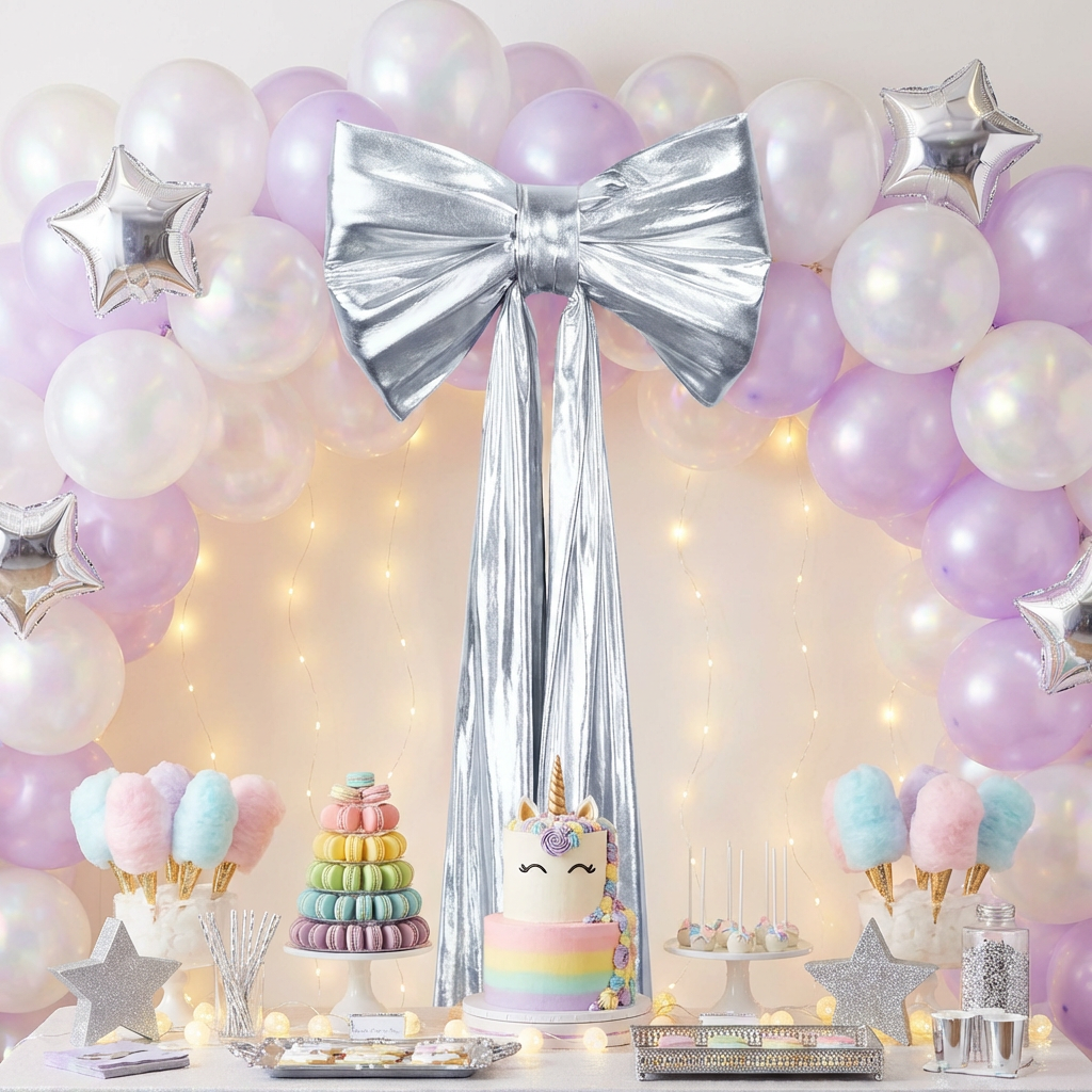 Giant Fabric Bow for Backdrop Metallic Silver paired with white and lavender balloons for a unicorn birthday 