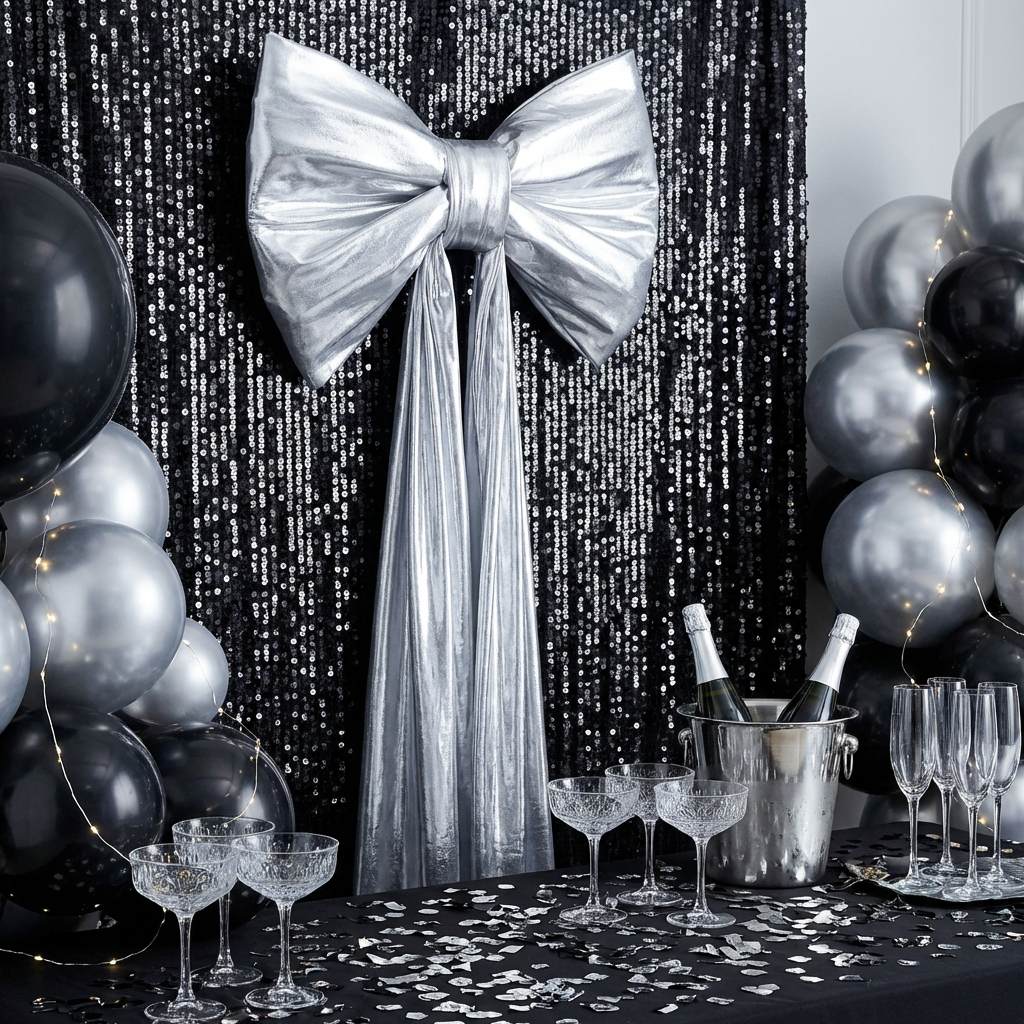 Giant Fabric Bow for Backdrop Metallic Silver against black glitz drape panels