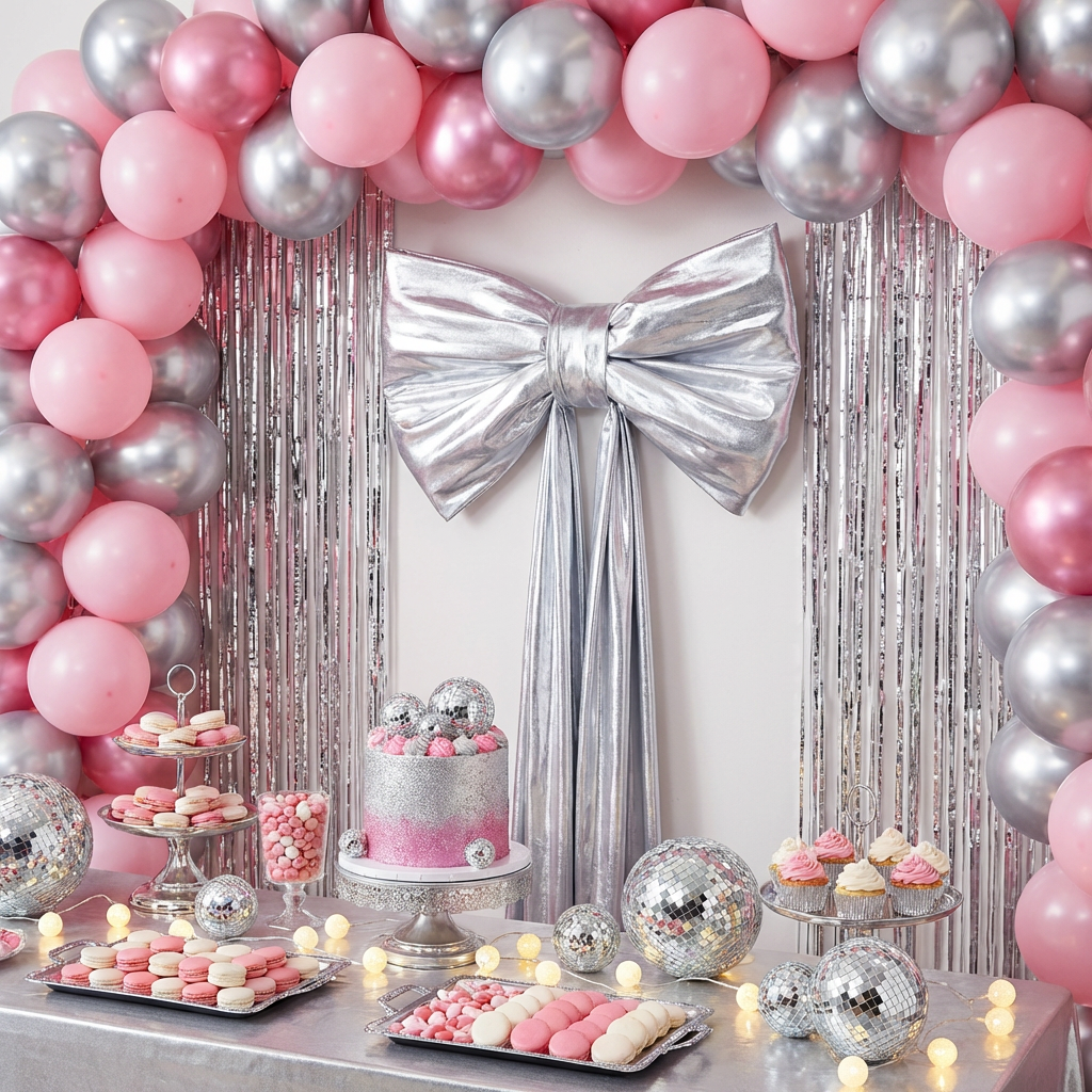 Giant Fabric Bow for Backdrop Metallic Silver with pink and silver balloons