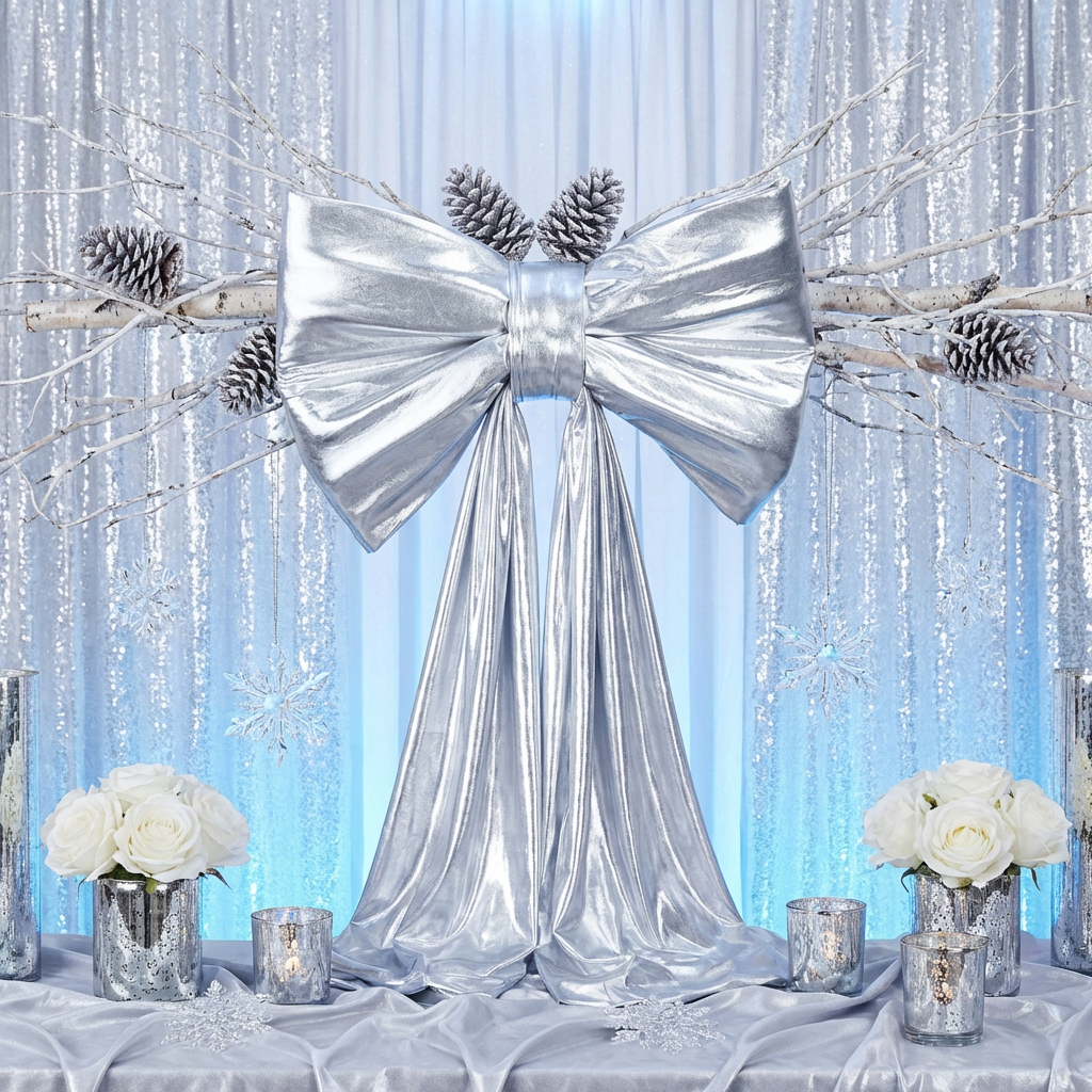 Giant Fabric Bow for Backdrop Metallic Silver for a winter wonderland backdrop